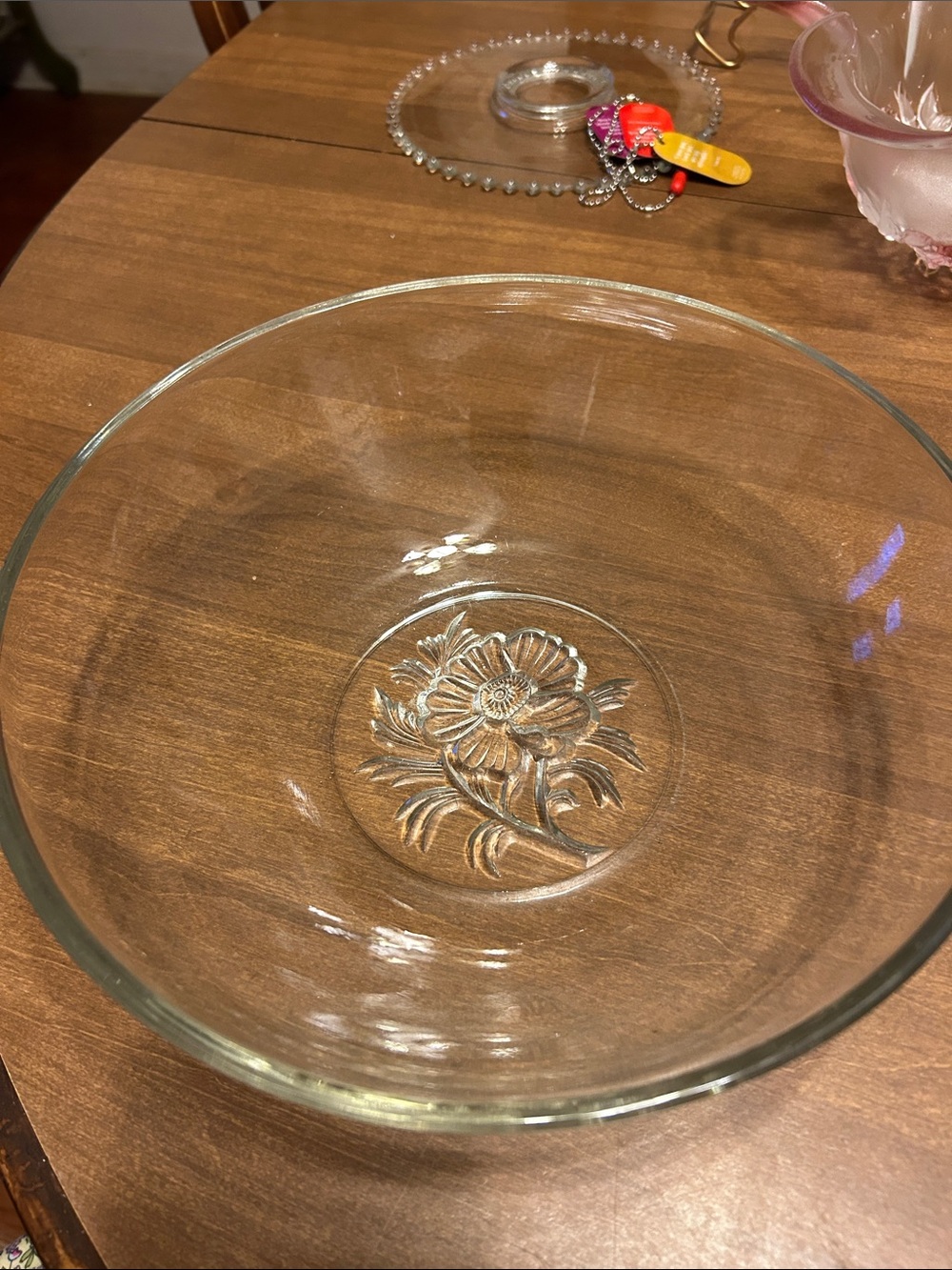 Vintage Depression Clear Glass Floral Serving Bowl - Etched Flower Design